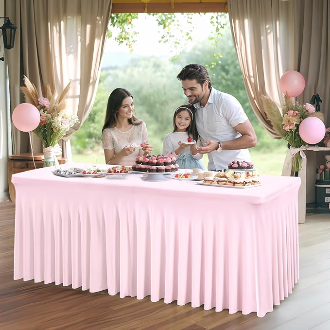 2 Packs Baby Pink Spandex Tableclothes for 6 Foot Rectangle Table, Spandex Table Covers 6FT Stretch Table Skirts Rectangle Tables Wrinkle Free Fitted Tablecover for Event, Wedding, Banquet & Parties