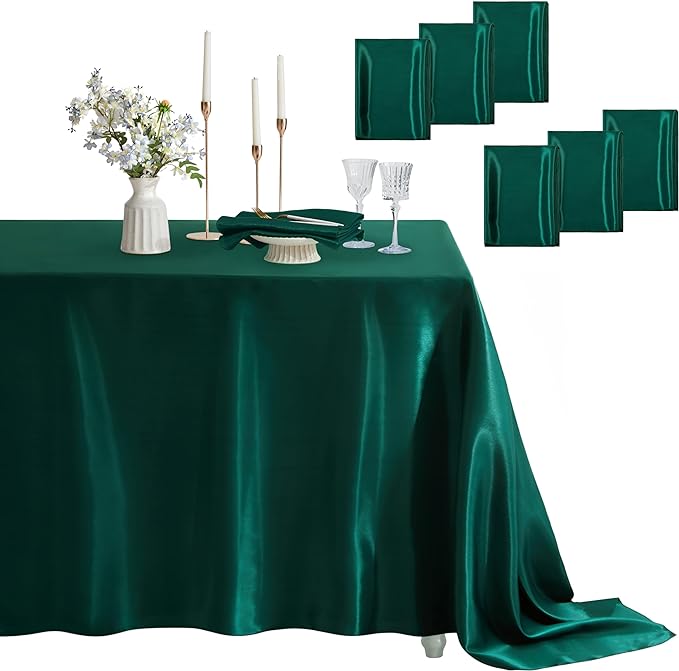 6 Pack Satin Table Cover Silkly Soft Table Cloth, Satin Dining Table Cloths for Wedding Banquet Table Decoration, Dining Room, Indoor and Outdoor Use, 60 x 102 Inches, Blackish Green