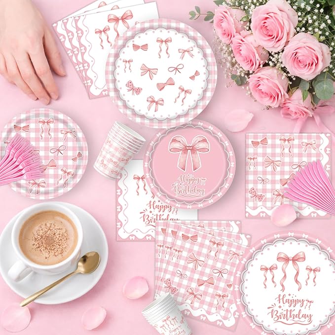 219Pcs Pink Bow Birthday Decorations, Coquette Tableware Set 24 Guests | Birthday plates and napkins, pink balloons, bow tablecloth and stickers for party supplies setup