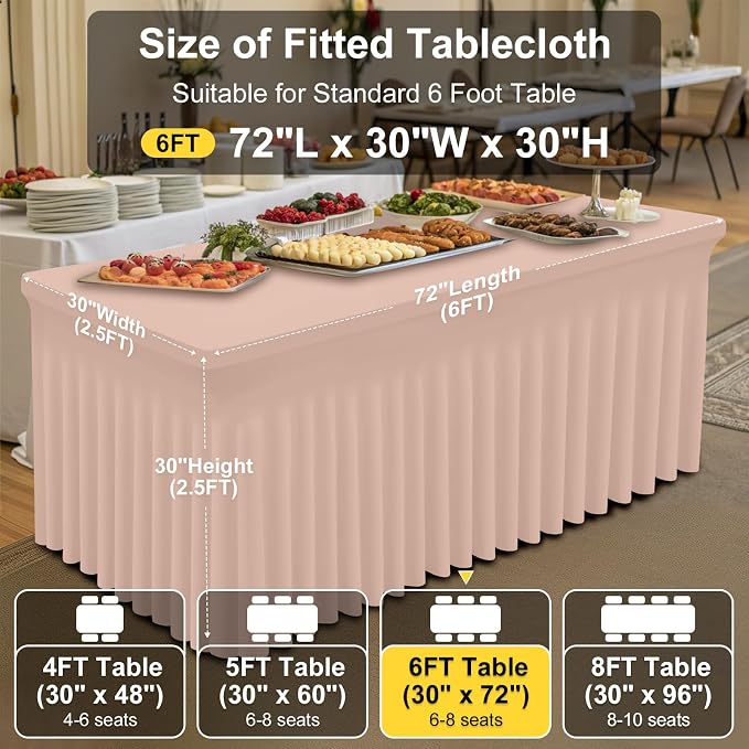 Smiry Spandex Tablecloth 2 Pack, Elastic Fitted Stretch Tablecloth for 6FT Rectangle Tables, Waterproof Washable Table Cover Skirt for Outdoor, Wedding, Banquet & Parties (Nude, 72Lx30Wx30H Inch)