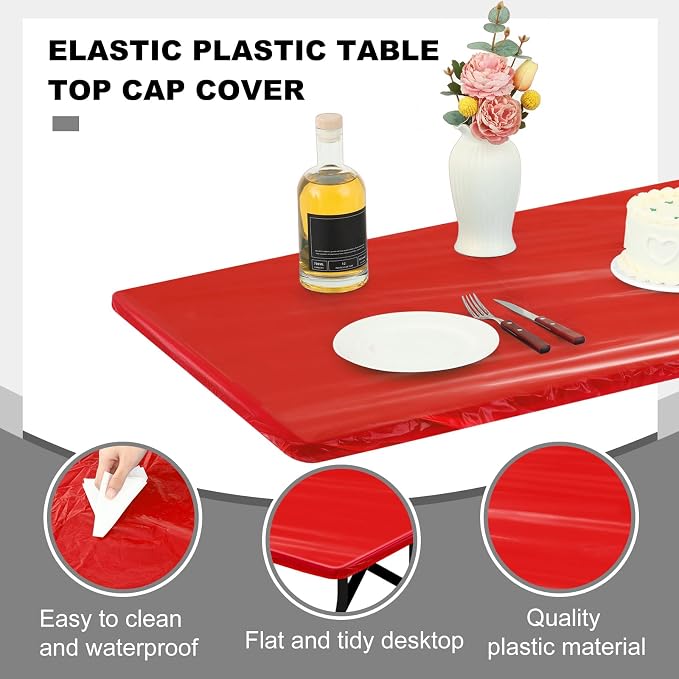 Boao 24 Pcs Summer Plastic Table Cloth Rectangle Picnic Table Covers Elastic Fitted Tablecloth, Disposable Waterproof for Camping, Indoor, Outdoor(Red,6 Ft, 72 x 30 Inch)