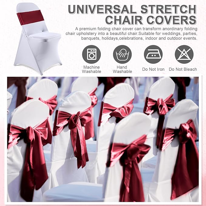 Lounsweer 50 Pcs Folding Chair Cover Set with 25 Stretch Spandex Slipcovers 25 Satin Chair Sashes Bows Ribbon Washable Banquet Protector for Wedding Event Party(White, Wine Red)