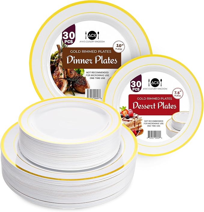 Aya's 60 Pack Heavy Duty Plastic Plates with Gold Rim - 30 Each of 10" Dinner and 7.5" Appetizer White Disposable Plates - Elegant Fancy Plastic Plates for Party, Weddings, and Special Events