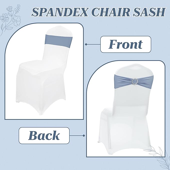 VDS - Dusty Blue | Spandex Chair Sashes Bows | 300 PCS | Stretch Elastic Banquet Universal Folding Chair Band Tie with Silver Buckle Slider for Wedding Party Conference Celebration Event Decoration