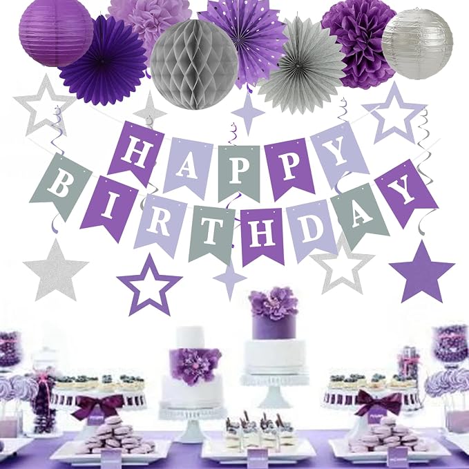 Lavender-Purple Silver Birthday Party Decorations - 19pcs Lilac Women Girls Streamers Banner,Paper Star Garland Lanterns Honeycomb Fan,Tissue Pom Poms,Wall Ceiling Backdrop Supplies Ouruola