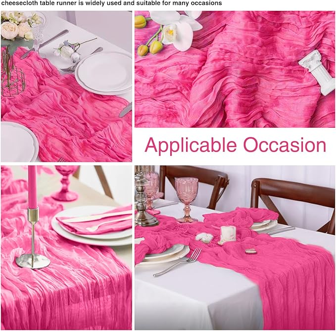 12 Pack Hot Pink 10 Ft Cheesecloth Table Runner 21x120 Inch Boho Wrinkled Sheer Romantic Gauze Decor for Wedding, Bridal Shower, Birthday Party