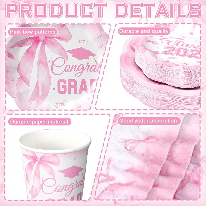 Newtay 250 Pcs Pink Bow Graduation Disposable Plates and Napkins Pink Congrats Grad Disposable Tableware Set for 50 Guests Paper Plates Napkins Cups for Girls Nurses Graduation Party Supplies