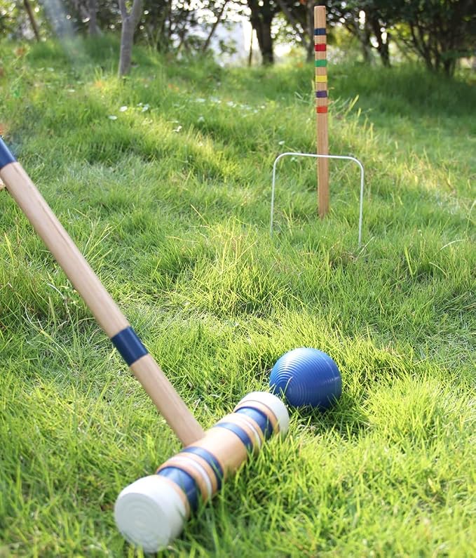 Juegoal Six Player Croquet Set with Wooden Mallets Colored Balls for Lawn, Backyard and Park, 28 Inch