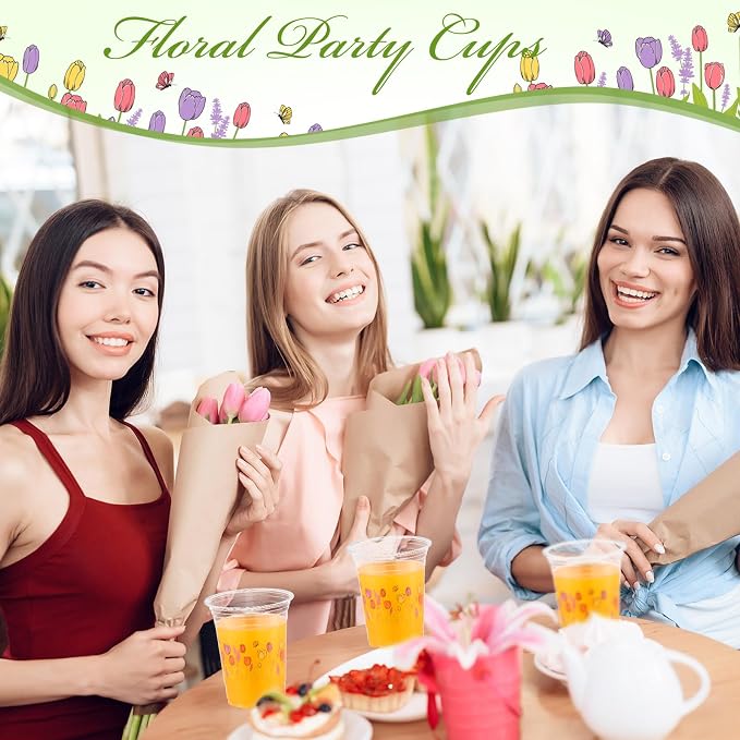 Hushee Tulips 60 Pcs Party Cups 16 oz Plastic Disposable Drinking Cups for Birthday Love Baby in Bloom Baby Shower Summer Fresh off The Market Bridal Shower Decorations Supplies