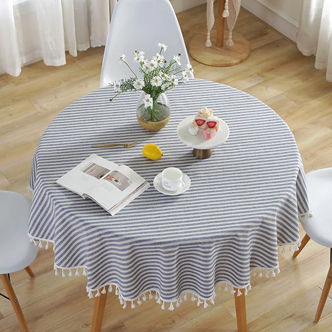 meioro Round Tablecloth Stripe Tassel Table Cloth Cotton Blend Dust-Proof Cover for Dining Circle Coffee Side End Card Tables, Parties Holiday Indoor Outdoor Use (Blue/White Stripes, 39 Inch)