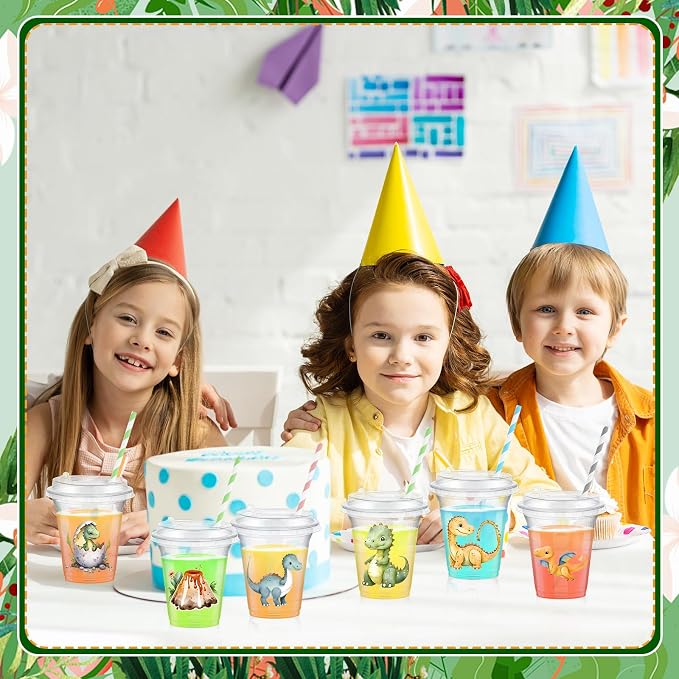 Qinyoung 60 Pcs Dinosaur Baby Shower Decorations Safari Animals Cups with Lids and Paper Straws 14 oz Dino Rebirth Party Cups for Dinosaur 4th Baby Shower Birthday Party Favor