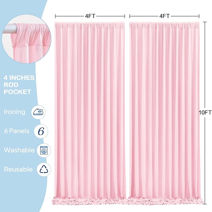6 Panels Baby Pink Backdrop Curtains - Wrinkle Free Fabric Backdrop Curtain for Photoshoot, 10FT Wedding Party Photo Backdrop Drapes for Birthday Baby Shower Photography Stage Background Decorations