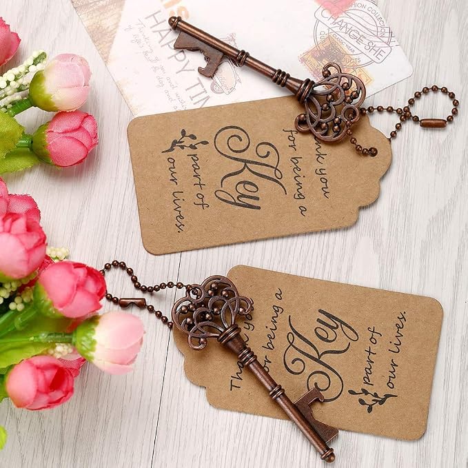100 PCS Wedding Favors/ Party Favors Key Bottle Opener,Vintage Skeleton Key Bottle Openers with Escort Tag Cards and Key Chains(Red Copper)