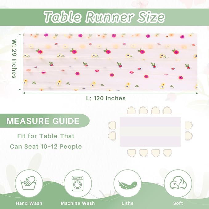 QueenDream Floral Tulle Table Runner 10FT Champagne Embroidery Daisy Spring Summer Table Linens Sheer Gauze Table Fabric Decorations for Home Wedding Tea Party Birthday