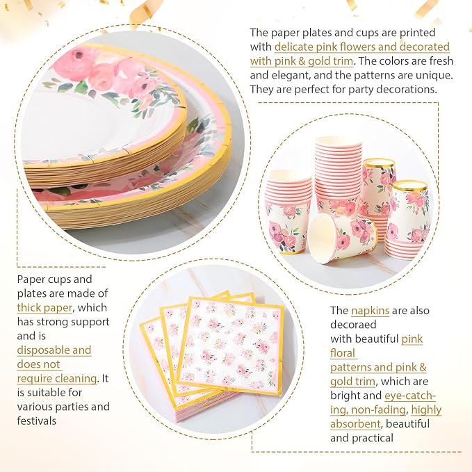 Ziliny 350 Pcs Floral Party Supplies Tableware Set Disposable 9'' 7'' Paper Plates 9 oz Cups Cutlery Napkins Dinnerware for Baby Shower Bridal Wedding 1st Birthday, Serve 50 (Floral, Rose Gold)