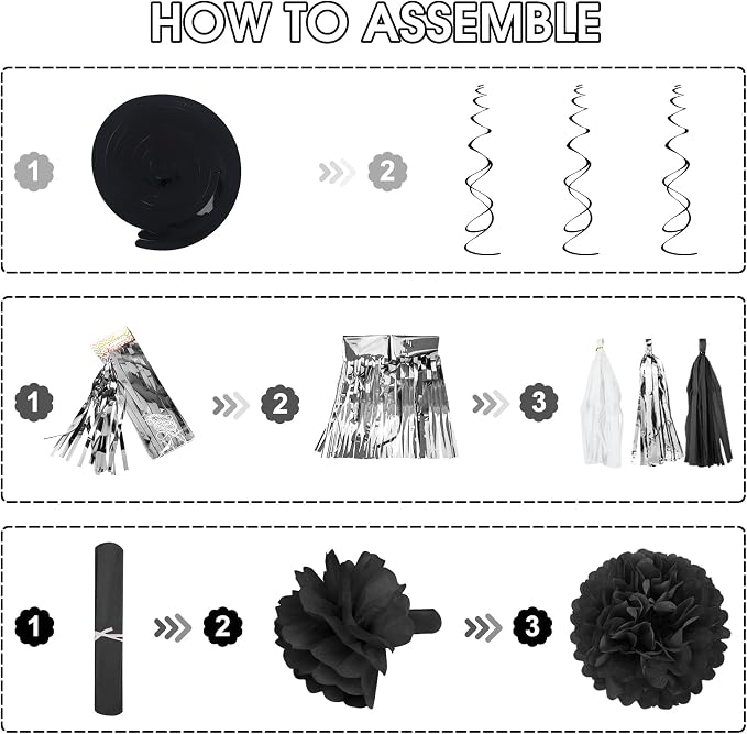 Black and White Birthday Party Decorations, Black Metallic Silver Confetti Balloons Happy Birthday Banner Fringe Curtains Hanging Swirls Circle Dots Paper Tassels Pompoms for Men Boys Party Supplies