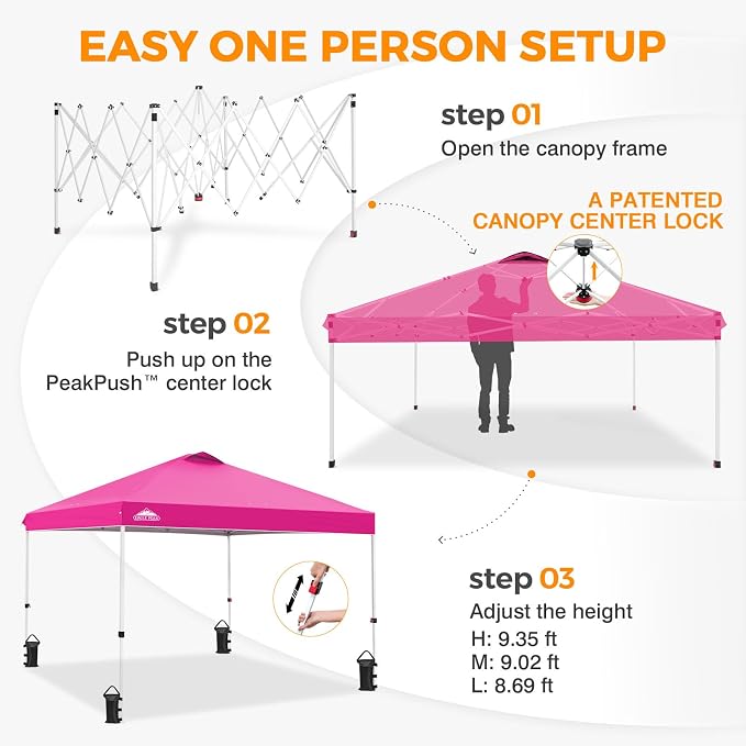 EAGLE PEAK Pop Up Canopy Tent with Wheeled Carry Bag, 8 Stakes, 4 Ropes, 4 Weight Bags, Easy Set Up Tent Canopy, 10x10 ft, 100sqft of Shade, Pink