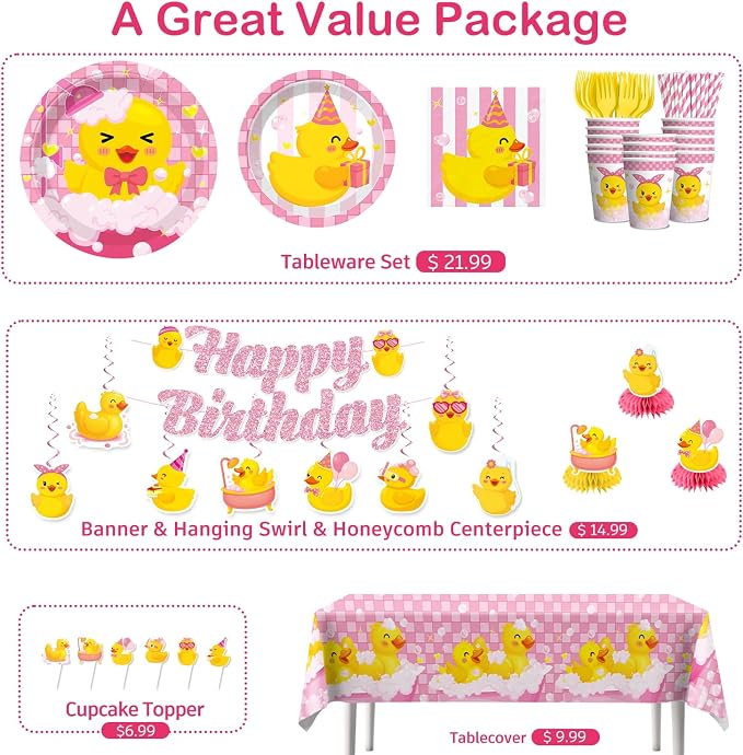 215PCS Pink Duck Birthday Decorations Tableware Set, 25 Serves Disposable Plates and Napkins Set, with Candles, Centerpieces, Banner, Tablecloth, for Duck Party Decorations