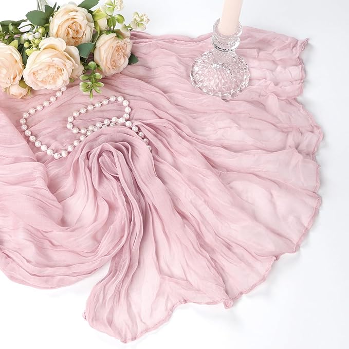 12 Pack Dusty Pink Table Runner Cheesecloth 10Ft Spring Gauze Cheese Cloth Table Runner 35x120 Inch Boho Sheer Rustic Fabric for Holiday Party Decor Baby Shower Wedding Decorations