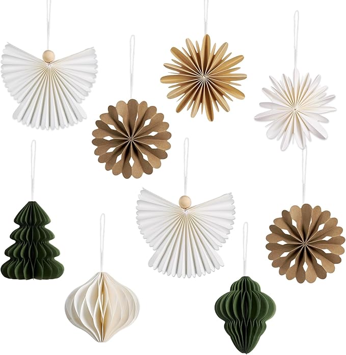 PAPER JAZZ Paper Ornaments for Christmas Tree,Angel Christmas Ornaments with Green Honeycomb Christmas Tree,Gold White Paper Snowflakes Hanging for Christmas Party,New Year,Wedding.