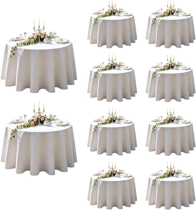 WIGENIUS 10 Pack White Table Cloth Round Tablecloths 90 Inch,Polyester Table Cloth for 5 Foot Round Tables,Wrinkle Resistant Washable Fabric Table Covers for Party,Wedding Banquet