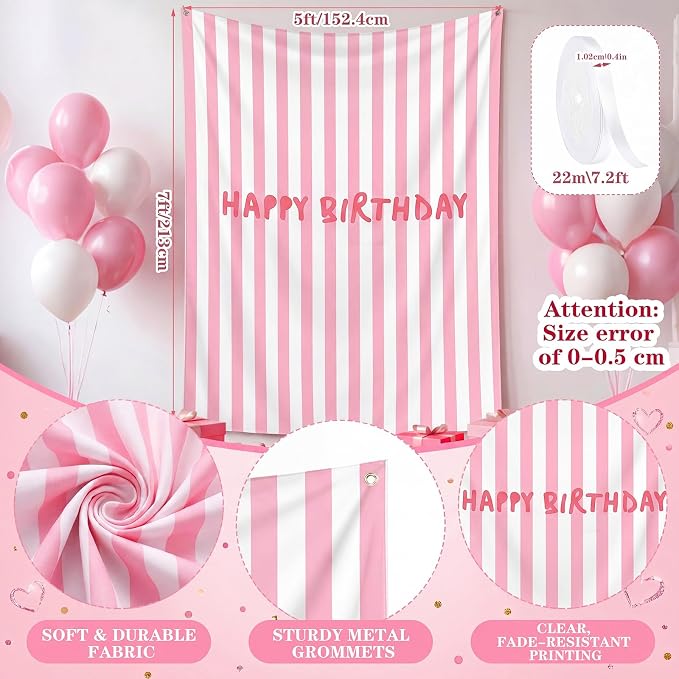 Flutesan 7x5ft Pink Stripe Happy Birthday Backdrop Large Banner Fabric Tapestry Birthday Party Decoration Baby Shower Linen Rustic Background Wall Photo Props Indoor Outdoor