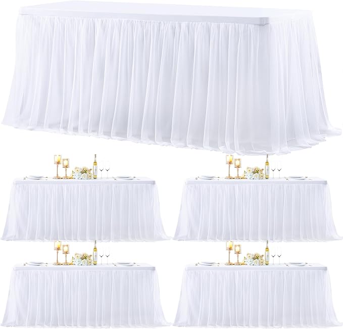 4 Pack White Table Cloth for 8 Foot Rectangle Tables, White Stretch Fitted Tulle Table Covers Skirt, Rectangular Ruffle Tutu Tablecloth Wedding Banquet Baby Shower Cake Tablecloths Decorations