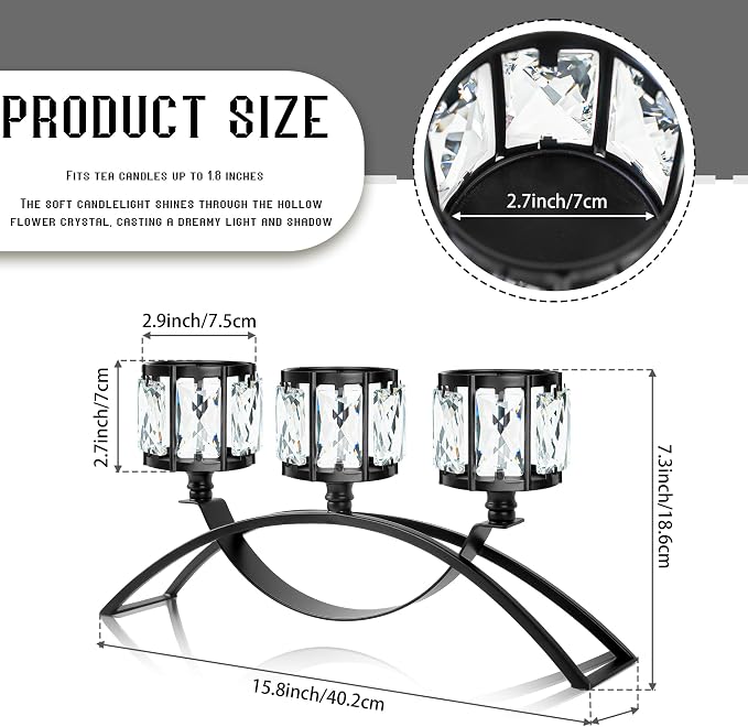 Black 3-Arm Crystal Candle Holders Arched - Elegant Tabletop Candelabra Centerpiece for Weddings, Dining Room Decor, Modern Home & Cabinet Display for & Housewarming