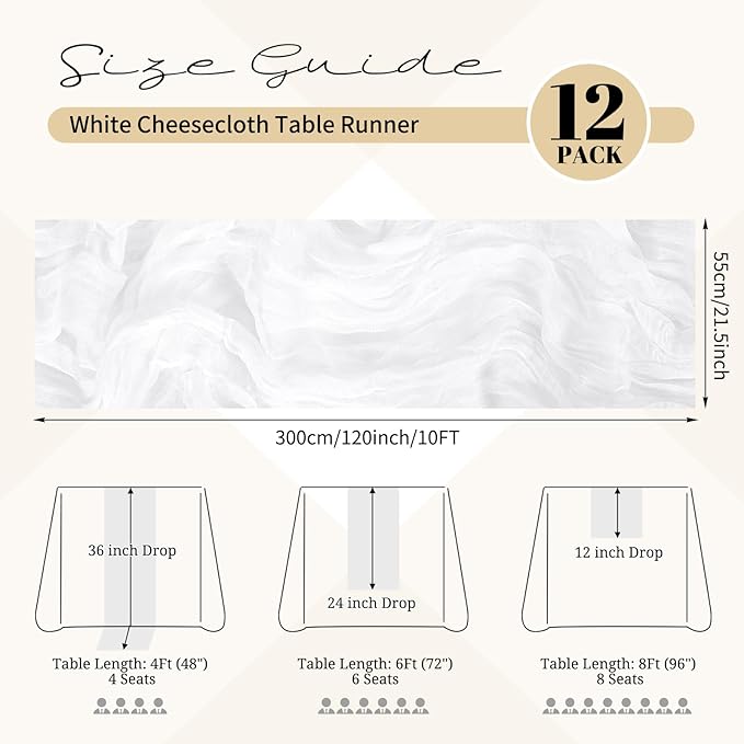 12 Pack White Cheesecloth Table Runner 120 inch Fall Thanksgiving Boho Rustic Gauze Farmhouse 10FT Cheese Cloth Runner for Baby Shower Wedding Party Holiday Home Decor