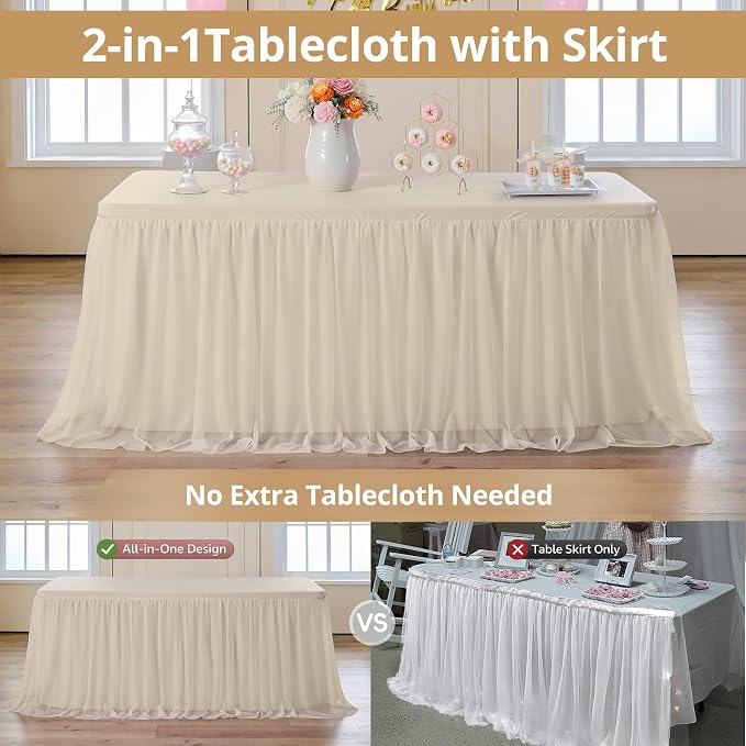 leegleri 2 pk 6ft Champagne Tulle Tablecloth for Rectangle Tables, 2-in-1 Table Covers with Tulle Skirt,Wrinkle Free Stretchy Ruffle Tulle Table Cloths Fitted for Wedding Party Banquet Vendor