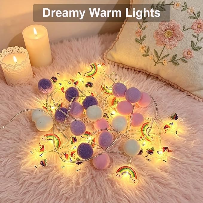 ChiRee Indoor String Lights 9.85 Ft Unicorn Rainbow String Lights with Pom Poms, 20 LED Battery Operated Fairy Lights with Timer & 8 Flash Modes, Cute Kids Girls Boys Bedroom Nursery Play Tent Decor
