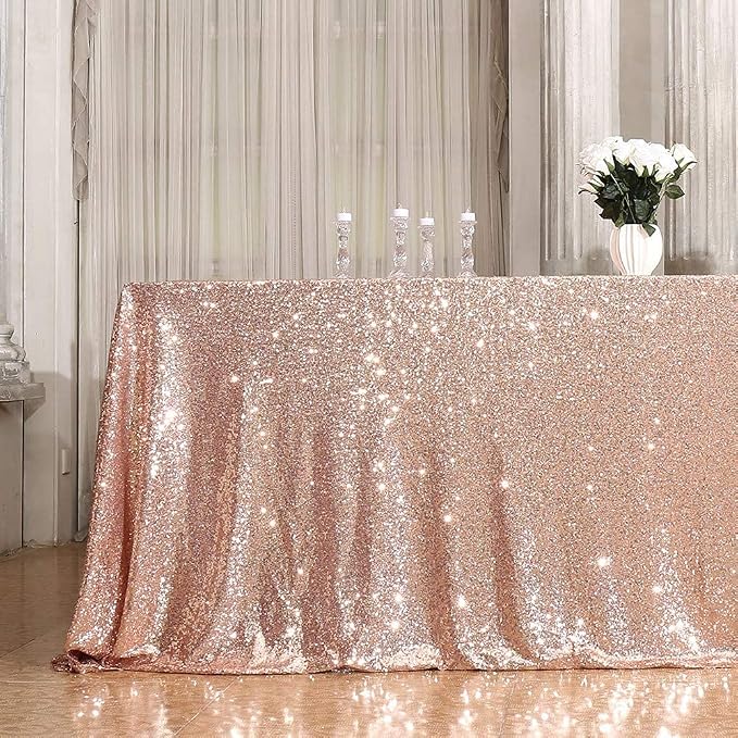 Eternal Beauty Rose Gold Tablecloth, 90x156 Inch Sequin Rectangle Table Cover for Valentines Cake Dessert Exhibition Party Birthday Events