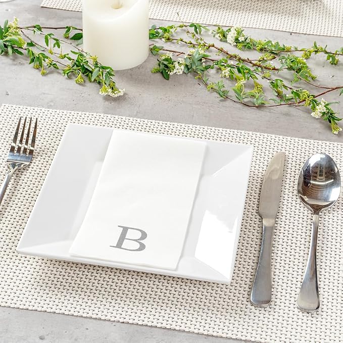 Luxenap 15.8 X 7.9 Inch Linen-Feel Guest Towels, 50 Lettered Hand Towels - Silver Letter 'B', Sans Serif Font, White Paper Dinner Napkins, airlaid, For Restrooms And Tables - Restaurantware