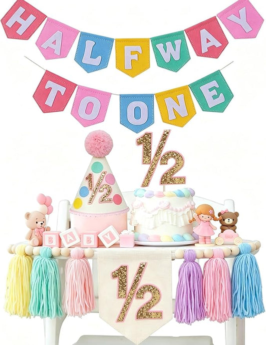Half Birthday Decorations For Girls - Half Way To One Decorations With 6 Months Birthday Banner 1/2 Birthday Girl Highchair Banner Cake Topper & Party Hat 6 Months Birthday Decorations