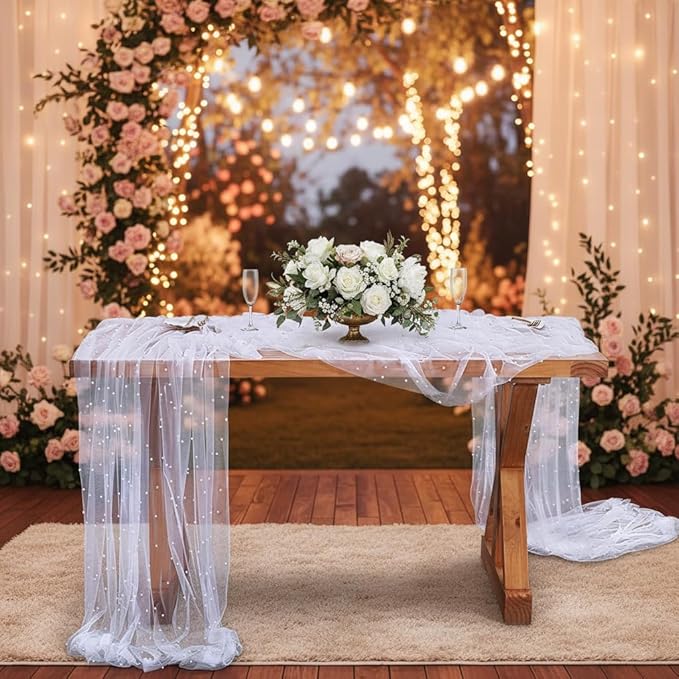 Table Runner 63" X 120" Wedding Arch Decorations Table Line Bridal Shower Decor Fabric Romantic Pearl Lace Tablecloth for Events Embroidered Sheer Wrinkle Free White Dessert Table Cloth Chiffon Tulle
