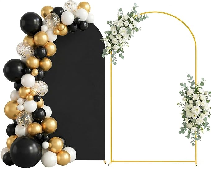 Arttown 7.2FT Gold Metal Arch Backdrop Stand and Black Arch Cover Set Suitable for Wedding Celebrations Birthday Parties Baby Showers Graduation Ceremonies Event Decoration