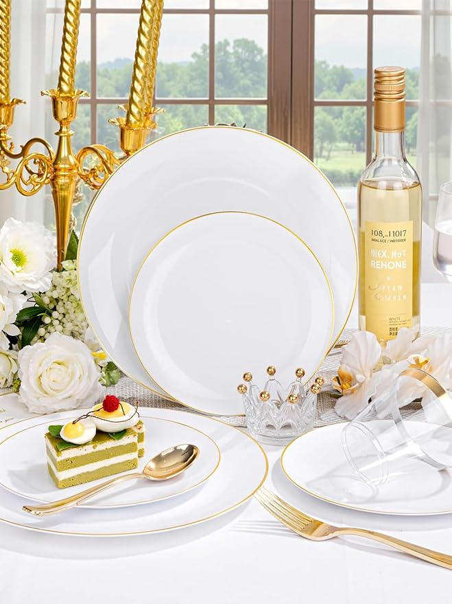 WDF 150Pcs White and Gold Plastic Plates - Gold Plates Disposable - 50 Guest Disposable Dinnerware Include 50 Dinner Plate, 50 Dessert Plate, 50 Cutlery & 50 9oz Cups for Wedding/Spring/Mothers Day