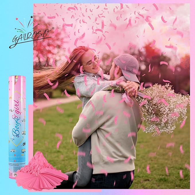 Gender Reveal Confetti Cannon,4 Pink Safty Corn Powder Smoke Party Poppers Shoots 20-25ft,12 inch Upgrade Firmware Baby Shower