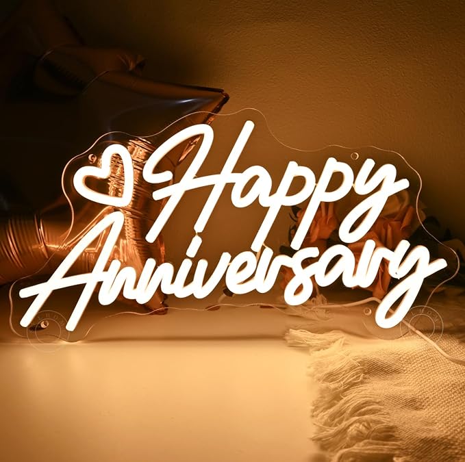 SYLHOME Happy Anniversary Led Neon Light Sign Family Business Celebrate Banner Wall Sign Decor Birthday Wedding Anniversary Valentine's Day Backdrop USB Warm White