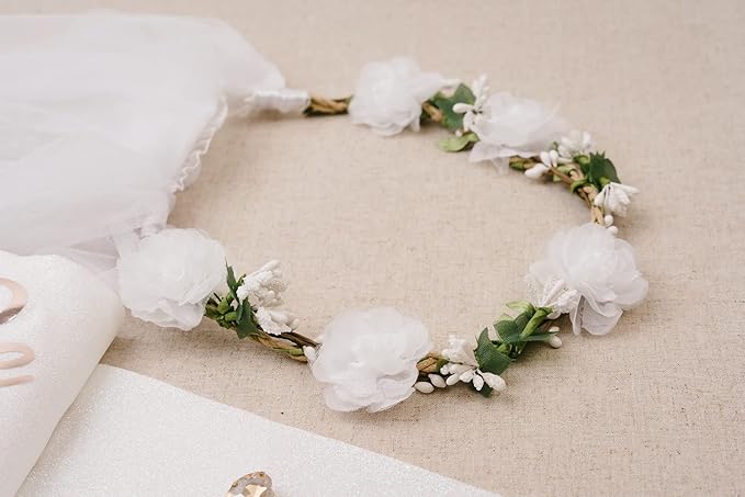 PapaKit Premium Bride to Be Party Sash, Floral Veil & Jewelry Pin Set, Glitter Sparkling Pearl White | Bachelorette Bridal Shower Engagement Wedding Party Favor Gift Decoration Supply