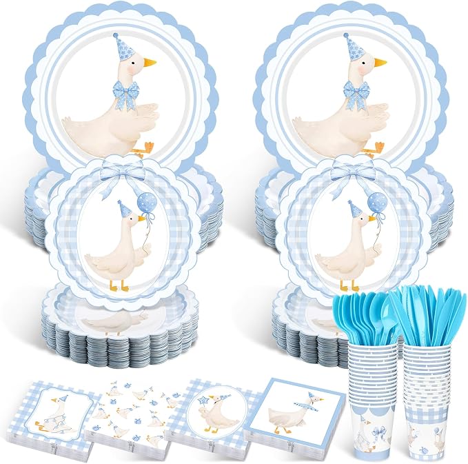 Zhehao 350 Pcs One Silly Goose Birthday Party Tableware Set Blue Bow Scalloped Baby Shower Plates Cup Napkins Forks for Birthday Party Decorations Supplies for 50 Guests