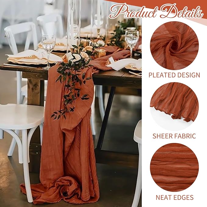 10 Pack Terracotta Cheesecloth Table Runner 17x108 Inch Semi Sheer Boho Gauze Cheese Cloth Table Runners, for Wedding Bridal Shower Birthday Party Home Decor Garden Farmhouse