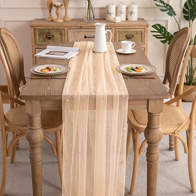 BINBE Pearl Table Runner Spring Summer Rustic Boho 10ft Tulle Table Runner for Baby Shower Wedding Veil Holiday Dessert Table Decor Champagne