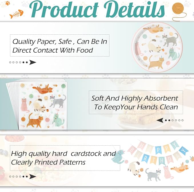 Qinyoung 176 Pcs Cat Birthday Party Supplies Disposable Tableware Set Serves 25 Cute Kitten Themed Paper Plates Napkins Cups Cutlery with Banner for Birthday Decorations