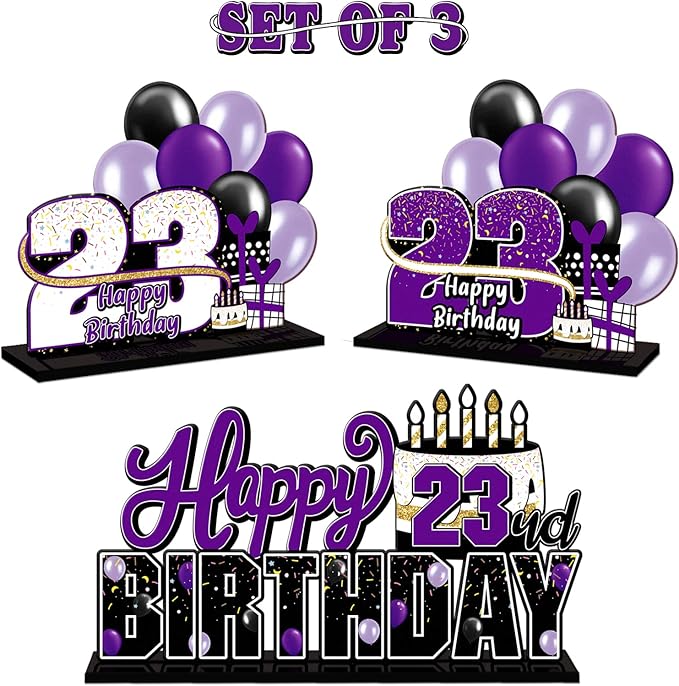 LINGTEER Happy 23rd Birthday Purple Acrylic Table Topper Centerpieces Set - Cheers to 23 Years Old Birthday 23rd Bday Party Gift Decorations.