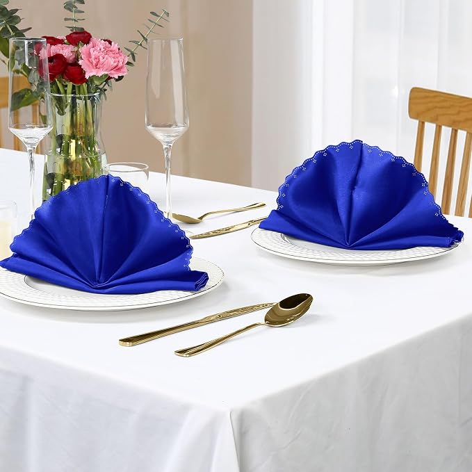 Homiest Royal Blue Satin Napkins - 100 Pack, 17x17 Inches, Scalloped Square, Silky Elegant Wedding Napkins for Restaurant Banquet Graduation Party