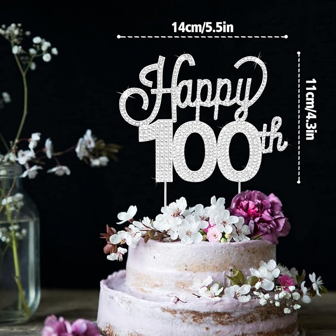LINGTEER Happy 100th Birthday Silver Rhinestone Cake Topper - Cheers to 100th Birthday 100 Years Old Anniversary Party Cake Centerpieces Topper Decorations Gift Sign.