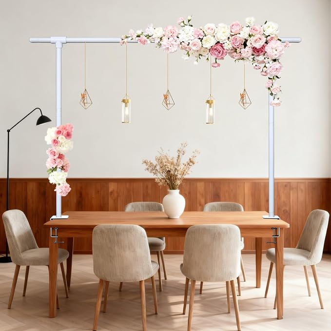 Beyeutao Over the Table Rod Stand with Clamps White Table Arch Adjustable Rod Stand H16-45 L16-87 Balloon Frame Hanging for Party Anniversary Wedding Birthday Garden Arbors Christmas Halloween