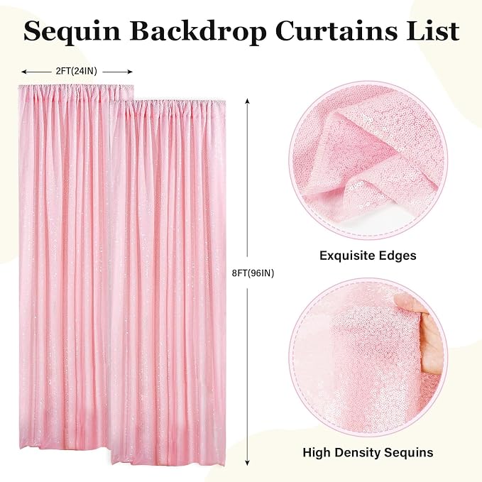 PartyDelight Pink Sequin Backdrop Curtains 2x8ft 2 Panels | 3mm stitched sequin curtain with 4 inch rod pocket for 2x8ft 2 panel doorway window side drape narrow photo booth strip