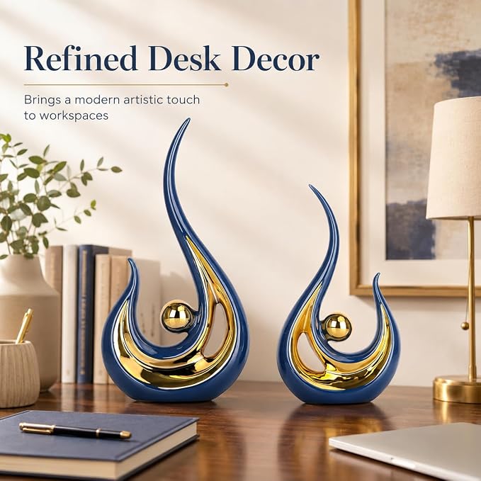 XMGZQ 2pcs Navy Blue Gold Modern Abstract Art Statue Table Decoration,Elegantes Ceramic Statue for Home Décor Accent,Mantel,Bookshelf,Centerpiece Table Decorations for Dining Room,adornos para sala